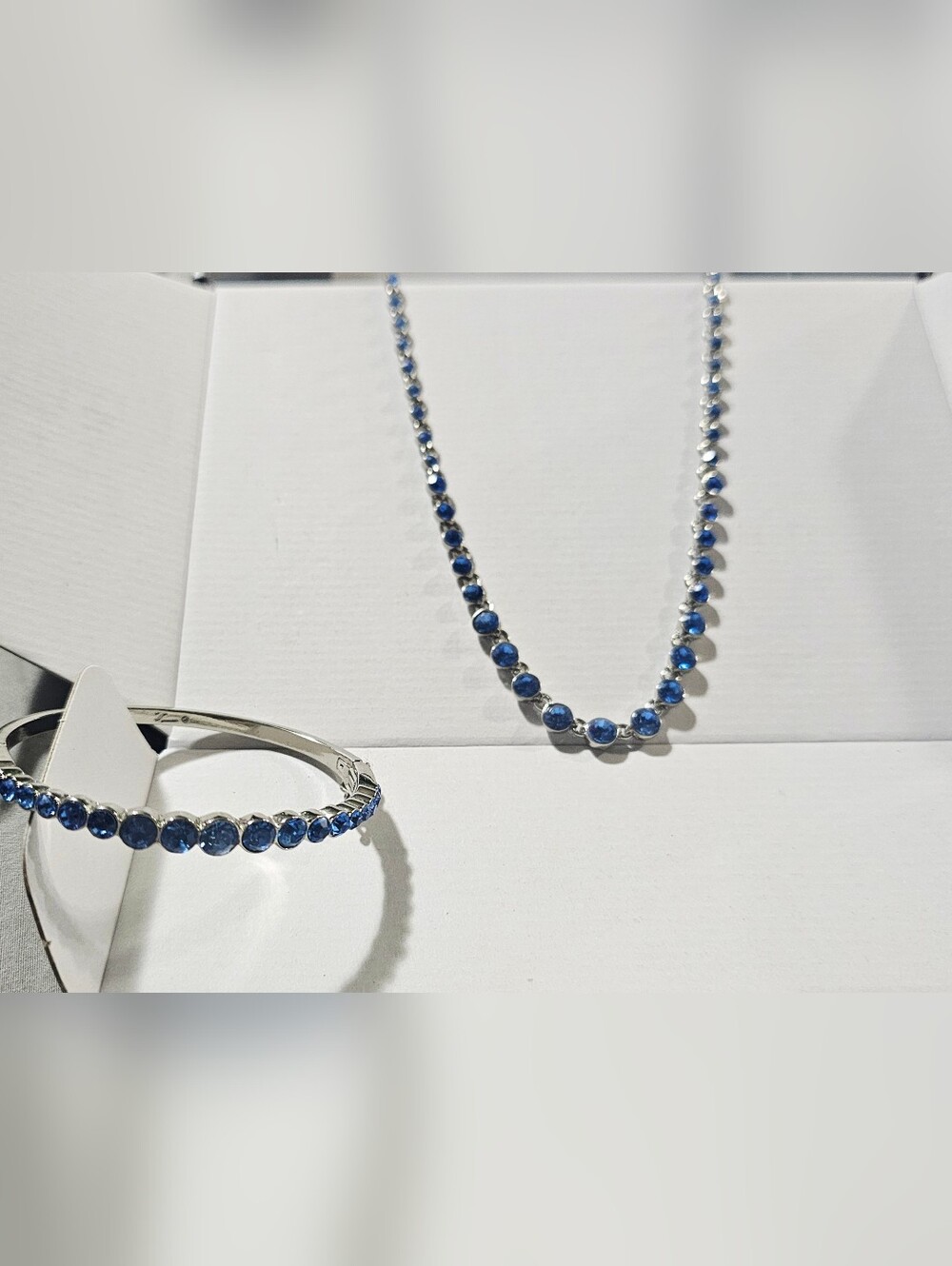 Designer bracelet necklace set blue diamond and silver